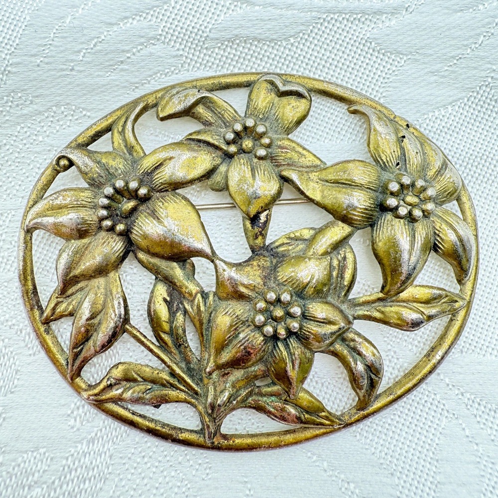 Vintage Little Nemo 40s Art Deco Oval Flower Gold Tone Pot Metal Filigree Brooch